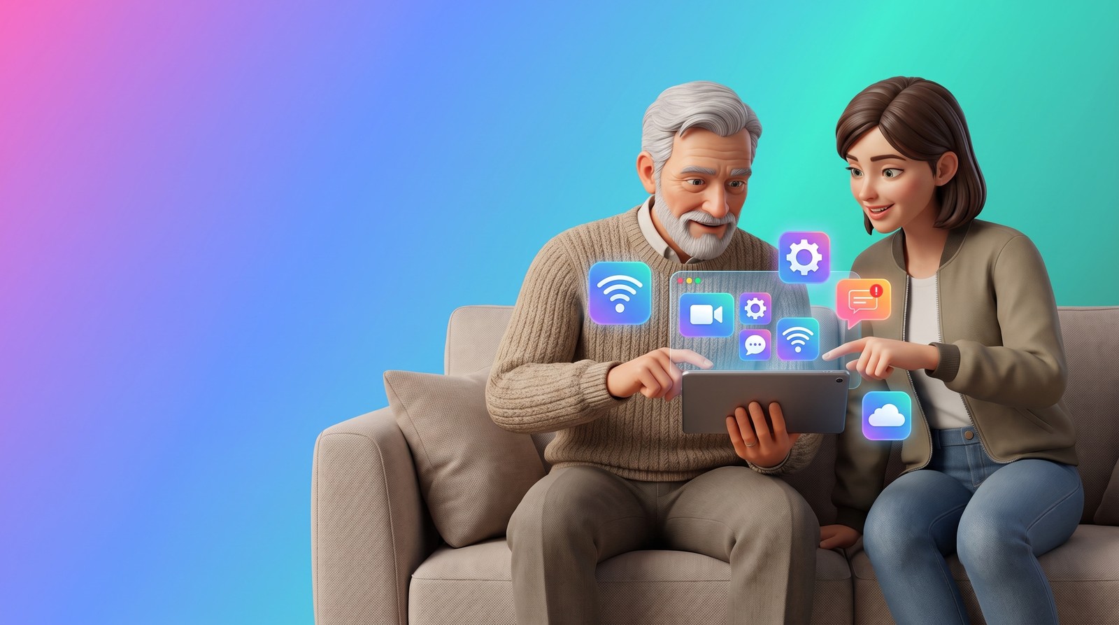 Kanepede tablet tutan yaşlı adama genç bir kadının ekranı göstererek yardım ettiği çizim