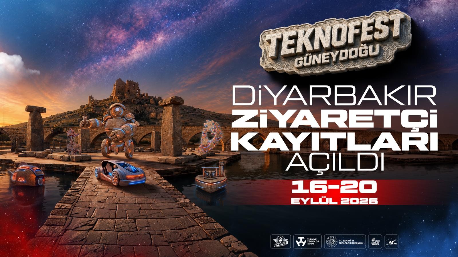 TEKNOFEST Diyarbakır ziyaretçi kayıtları afişi: tarihî köprü önünde robot ve konsept araç çizimleri