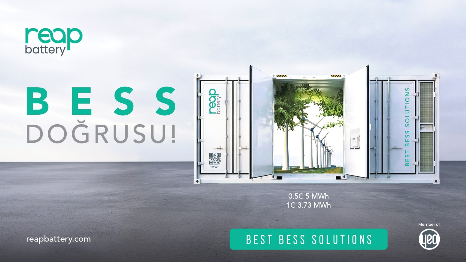 Reap Battery konteyneri, rüzgâr türbinleri ve enerji depolama sloganı içeren tanıtım görseli var.