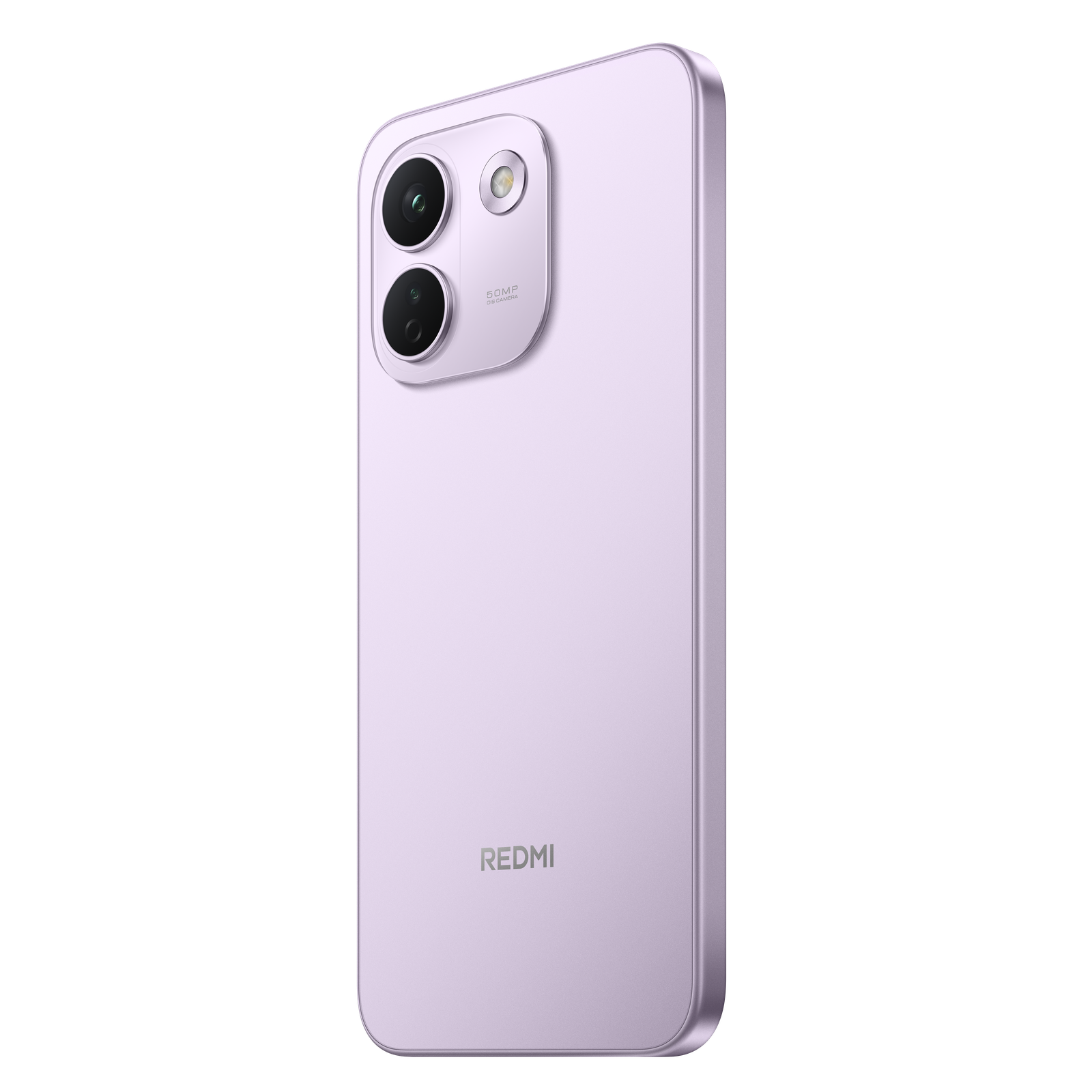 Açık fonda mor REDMI telefonun arka kapağı ve iki büyük kamera halkası görülüyor.