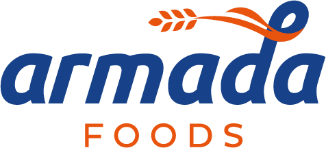 Armada Foods logosu: lacivert armada yazısı, turuncu buğday başağı ve FOODS ibaresi.